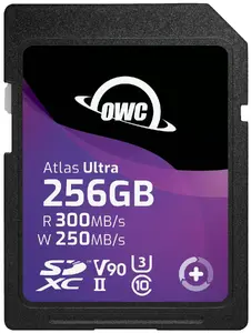 SDXC UHS-II atmiņas karte OWC Atlas Ultra 256 GB — 300 MB/s lasīšana, 250 MB/s ieraksts, U3 V90, melna