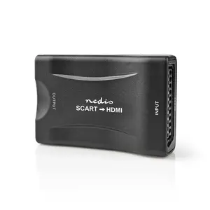 Video signālu konvertors Nedis VCON3463BK — aktīvs HDMI uz SCART, līdz 1920×1080, atbalsta 720p/1080p, 16:9, barošana 5 V