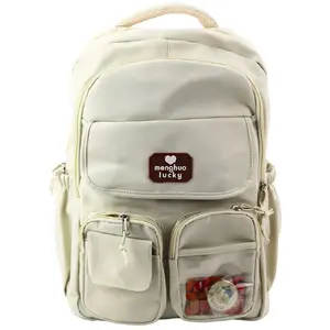 Mugursoma Lean Kapibara pilsētas/skolas ar atslēgu piekariņu un nozīmītēm, bēšs‑krēmīgs, 25 l, 42 cm