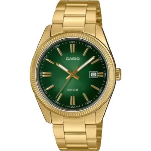 Rokaspulkstenis CASIO MTP-1302PGC-3AVEF — vīriešu, analogs, zelta tonējumā korpuss un siksna