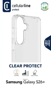 Ciets aizmugurējais vāciņš ar gumijotiem malām Samsung Galaxy S26+ — Cellularline Clear Protect, caurspīdīgs, priekš 6,66" (16,9 cm) ekrāna