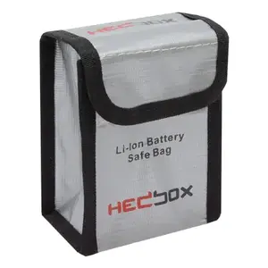 Battery storage box CoreParts FIREBAG-M — compact fire-resistant container 90×55×110 mm, black/grey