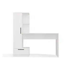 Rakstāmgalda un plaukta komplekts top e shop Cosmo — baltas laminētas šķiedras plāksnes, virsma 115×50 cm, plaukts 50×140×42 cm, 1 atvilktne