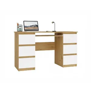 Rakstāmgalds top e shop KUBA Artisan oak/white, taisnstūrveida virsma no skaidu plātnes 1300×510×760 mm, 6 atvilktnes, tastatūras plaukts