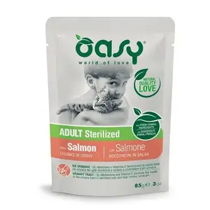 Wet cat food Oasy Chunks in Gravy Adult Sterilized Salmon 85 g — adult sterilised cats, single-serve pouch