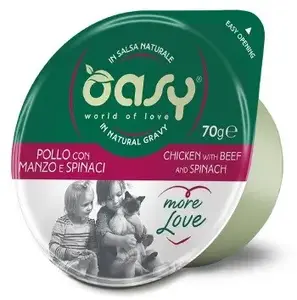 Mitrā kaķu barība Oasy More Love — vistas ar liellopu un spinātiem, 70 g