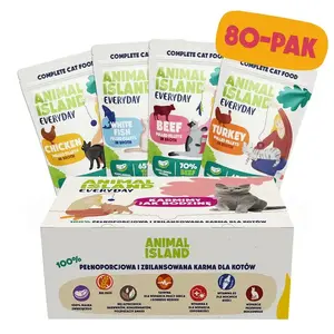 Mitrā kaķu barība animal island ANIMAL ISLAND 80×85g — Turcija, Balta zivs, Liellops, Vistas filejas buljonā