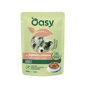 Oasy влажный корм для собак — кусочки в соусе, взрослым, лосось и картофель 100 г
