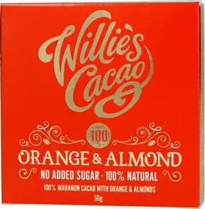 Šokolādes tāfelīte Willies Cacao Orange and Almond — tumšā šokolāde ar apelsīnu un mandelēm