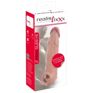 Penis Sleeve Realistixxx Extension Sleeve — Silicone, total length 20.5 cm, extension 6.5 cm, insertion depth 11.5 cm, outer Ø 3.9–4.7 cm