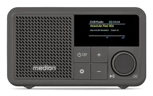 Portatīvais radio MEDION LIFE S66822 — digitālais uztvērējs DAB+/FM, 2 W RMS, 1.47" TFT displejs, pelēks, IPX1, 6.5 stundu akumulators