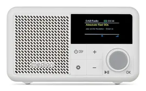 Portatīvais radio MEDION LIFE S66822 — DAB+ / FM uztvērējs, 2 W RMS, TFT 1.47", IPX1, 6.5 h akumulatora darbība, balts