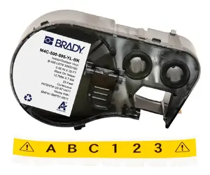 Self-adhesive continuous printer label Brady M4C-500-595-YL-BK — 1.27 cm width, black on yellow