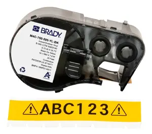 Self-adhesive continuous printer label Brady M4C-750-595-YL-BK — 1.91 cm wide, black on yellow