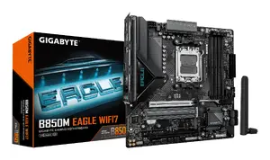 Материнская плата GIGABYTE B850M EAGLE WIFI7 — Micro ATX, Socket AM5, чипсет AMD B850, DDR5 до 8200 МГц (O.C.), 4 DIMM, PCIe 5.0, Wi‑Fi 7, 2.5 GbE