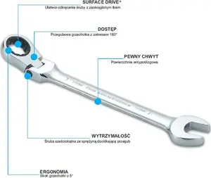 Combination wrench with ratchet, Sata GL46406 — 15 mm folding flat-ring wrench
