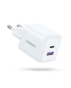 UGREEN 65015 сетевой зарядный адаптер (в помещении) с 1x USB-A и 1x USB-C, вход 100–240 В, быстрая зарядка, белый