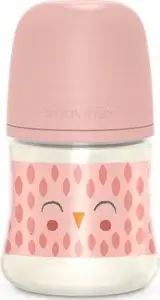 Bērnu barošanas pudele Suavinex stikla 120 ml ar fizioloģisku knupi SX Pro lēns plūsmas — rozā pūce
