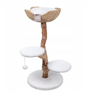 Cat Scratching Post NAC BK-16107, beige-white, 100 cm, wooden base, basket and two perches