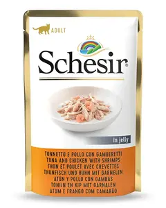 Влажный корм для кошек Schesir SR-1108 — для взрослых, с курицей, креветкой и тунцом, 85 г
