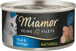Mitrs kaķu barības Miamor Fine Fillets Naturelle — tunzivs un garneles, 80 g ar viegli atveramu bundžu