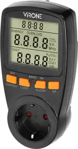 Измеритель энергии ORNO EM-1(GS)/B — LCD калькулятор потребления, 2 отдельные тарифы, внутренний аккумулятор, Schuko, чёрный