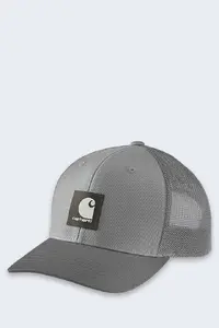 Cepure Carhartt Rugged Flex Twill MeshBack — regulējama trucker tipa cepure, twill priekšpuse, sieta aizmugure, krāsa Asphalt