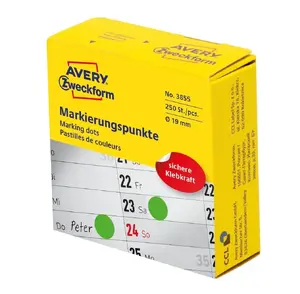 Pašlīmējošas apaļas etiķetes Avery Zweckform 3855 — zaļas, pastāvīga līme, Ø 1,9 cm, 250 gab.