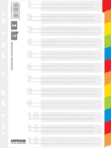 Cardboard Index Dividers Office Products A4 227×297 mm, 12 tabs, laminated, mixed colors