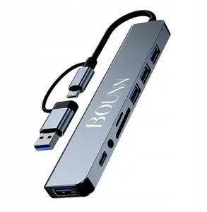 USB‑хаб Bounn JUH8W1_01 — USB‑C и USB‑A, 3× USB 2.0, USB 3.0, кардридер SD/TF, USB‑C питание, мини‑джек 3.5 мм
