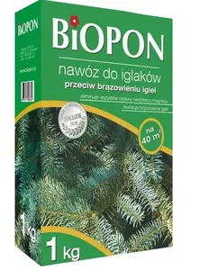 Granulētais mēslojums skujkokiem BIOPON B1055 1 kg — pret skuju brūnēšanu