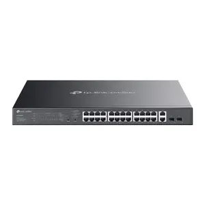 Pārvaldāmais L2 Gigabit PoE slēdzis TP-Link Omada ES228GMP — 26× Gigabit (10/100/1000), 56 Gbit/s, 8000 MAC, 19" montāža, melns