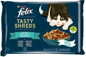 Kaķu barība Felix Tasty Shreds lasis un tuncis mērcē 4 x 80 g paciņa