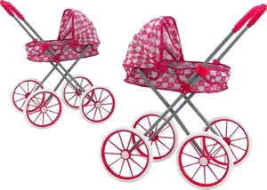 Коляска для кукол LEANToys 17740, складная, большие колеса, розовая с сердечками