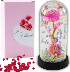 Decorative Preserved Rose Dome with LED Lighting Lean model 21297 — pink rose with heart and bead accents