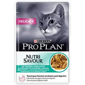 Mitra barība kaķiem Purina PRO PLAN NUTRISAVOUR Delicate 85 g — pieaugušajiem, zivju garša, maisiņā