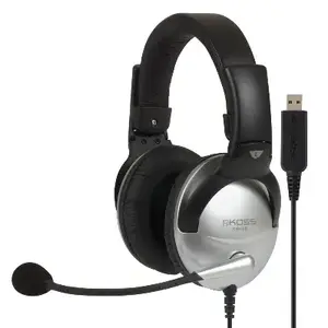 Austiņu komplekts Koss SB45 USB — vadu galvas stīpas austiņas birojam/uzziņu centram, 18–20 000 Hz, melns/sudrabs