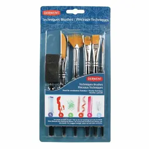 Brush set Derwent 2302003 — assorted paintbrush shapes, 6 pcs, black and silver