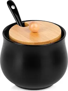 Ceramic Sugar Bowl with Spoon Vilde 139683 — black, lidded table sugar container