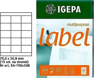 Etiķešu loksnes Mondi ETYKIETY A4 IGEPA 70.0 x 50.8 mm baltas, 100 gab.