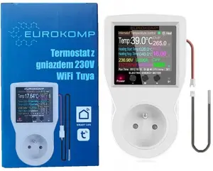 Termostats ar kontaktligzdu 230V, enerģijas skaitītāju un Wi‑Fi (Tuya) — Eurokomp E6258