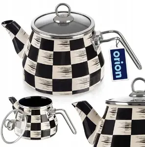 Enamelled Kettle ORION SZACHOWNICA 2 L with Glass Lid, Induction Compatible