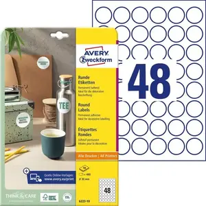 Paper labels Avery Zweckform 6223-10 A4 10 sheets 30mm round durable