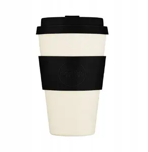 Ceļojuma krūze Ecoffee cup Solidne Kolory 400 ml — atkārtoti lietojama ņemšanai līdzi, melna ārpuse, balta iekšpuse