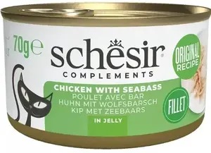 Wet cat food Schesir Complements 70 g — chicken with sea bass in jelly, canned