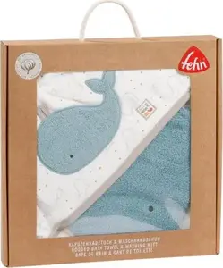 Hooded Towel and Washcloth Set FEHN 56426 — Whale Design