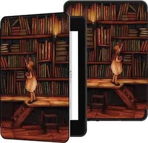 Protective Smart Case Strado for Kindle Paperwhite 1/2/3 — Graphic 'Library Girl' cover, magnetic sleep/wake