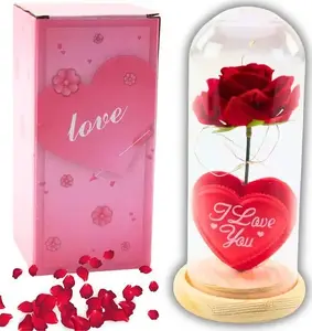 Glass Dome Preserved Rose with LED Lighting and Heart Accent Lean 18.5×8 cm
