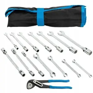 Socket and combination wrench set Forsage F-5145R — 14-piece (8–19 mm) including universal joint sockets and pliers on roll-up pouch