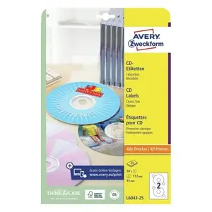 Самоклеящиеся круглые этикетки Avery Zweckform L6043-25, белые, постоянный клей, Ø 11,7 см, 50 шт.